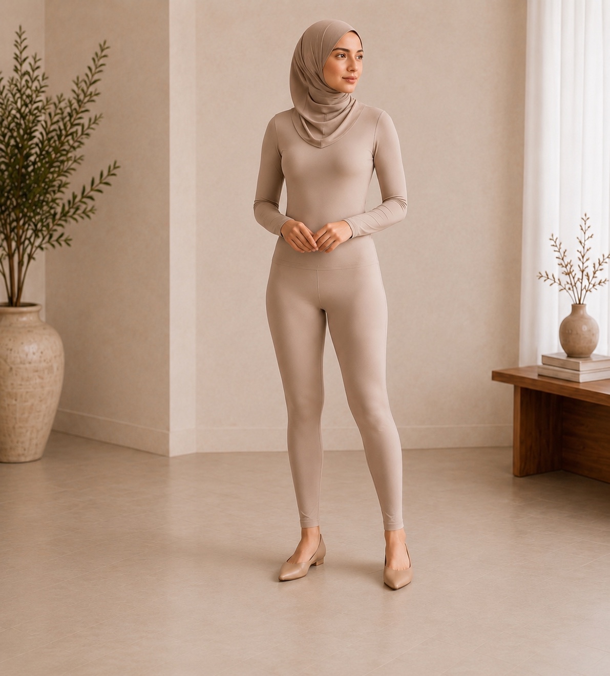 Woman wearing the MODSKYN fitted top and leggings as a base layer